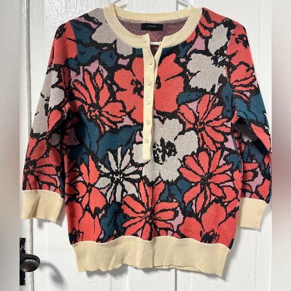 J Crew Floral 3/4  sweater with metallic thread and partially button down - Picture 2 of 7